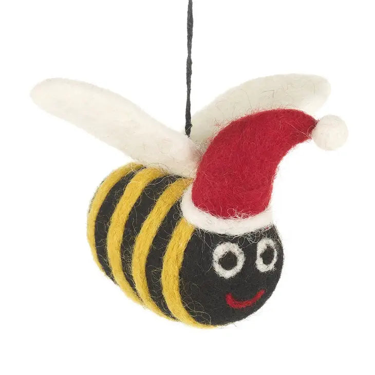 hand-felted bumblebee wearing a christmas hat Christmas tree decoration