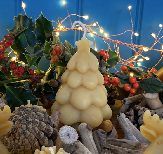 beautiful christmas table scene, pure beeswax christmas tree candle with star surrounded by fir cones, red berries, holly and lights