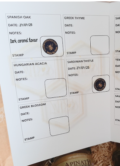 Inside page of honey passport with stamps for Spanish Honey & Sardinian Thistle honey