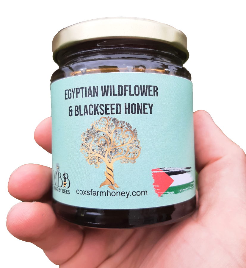 hand holding jar of Egyptian wildflower & Black seed honey
