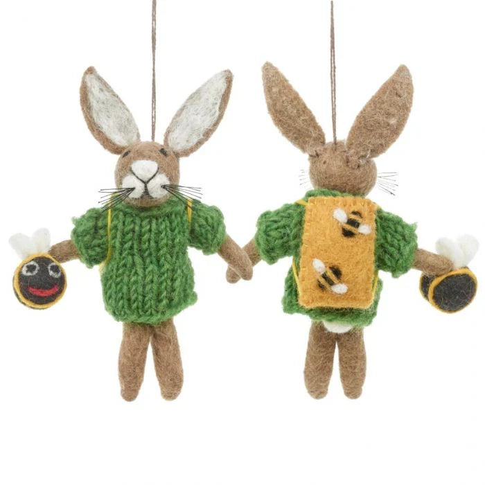 rabbit and bee front and rear felted tree decoration