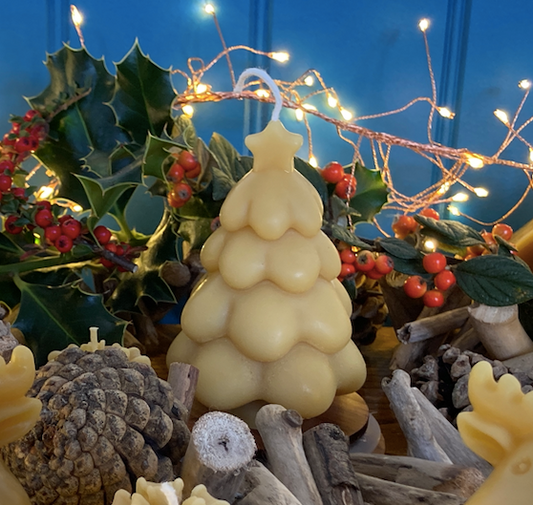 beautiful christmas table scene,  pure beeswax christmas tree candle with star surrounded by fir cones, red berries, holly and lights