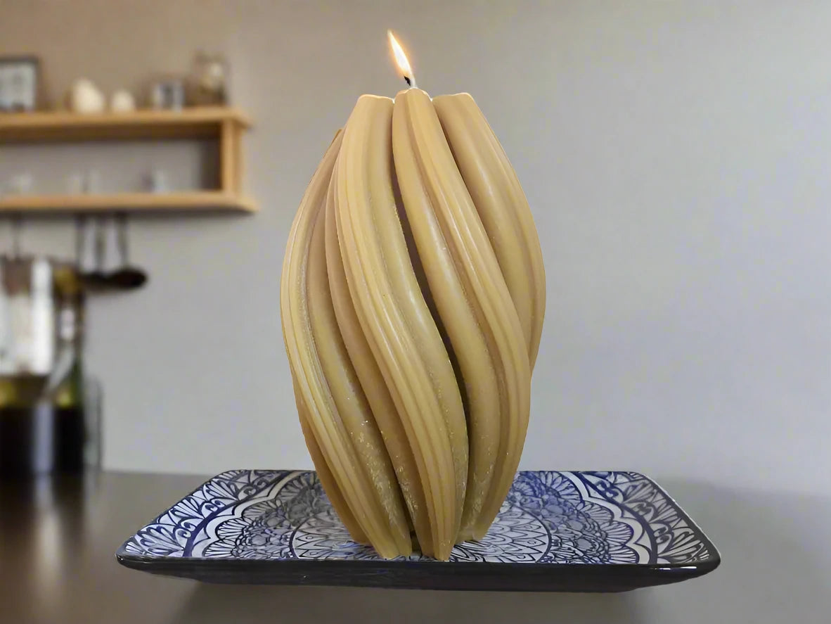 Spiral beeswax pillar candle