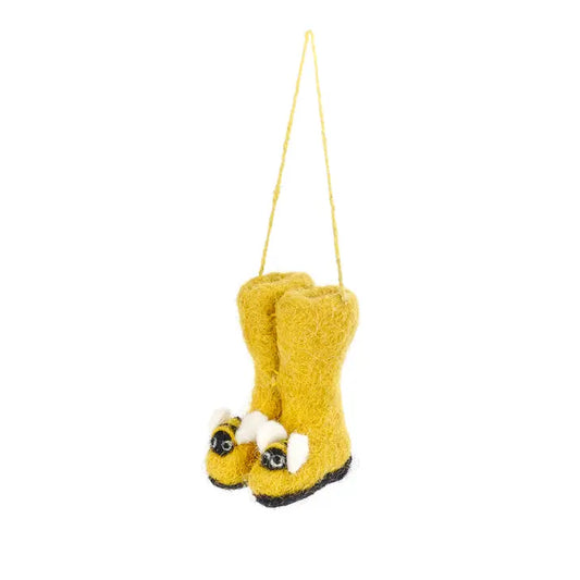 christmas tree decorations hand-felted yellow boots with bee on each boot