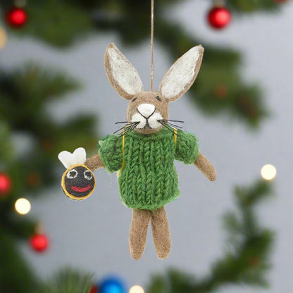 christmas tree decoration, hand-feted rabbit with green jumper and friendly bee