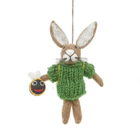 christmas tree decoration, hand-feted rabbit with green jumper and friendly bee