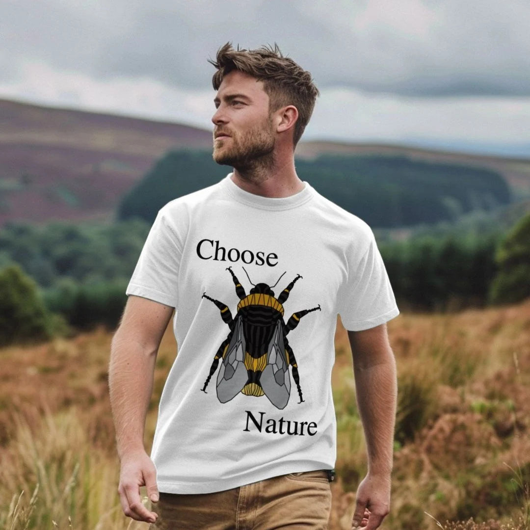 Man wearing white choose nature tee with bumblebee print